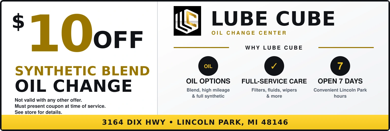 $10 off a Synthetic Blend oil change at Lube Cube. Not valid with any other offer. Must present coupon at time of service. See store for details.